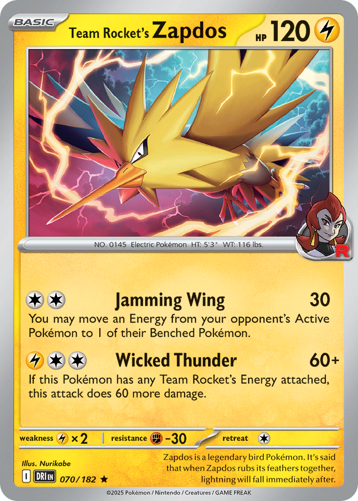 Losse Pokemonkaart 070/182 - Team Rocket's Zapdos - Destined Rivals - [Rare] - Reverse Holo