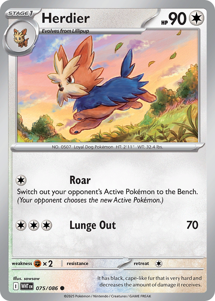 Losse Pokemonkaart 075/086 - Herdier - White Flare - [Common] - Reverse Holo
