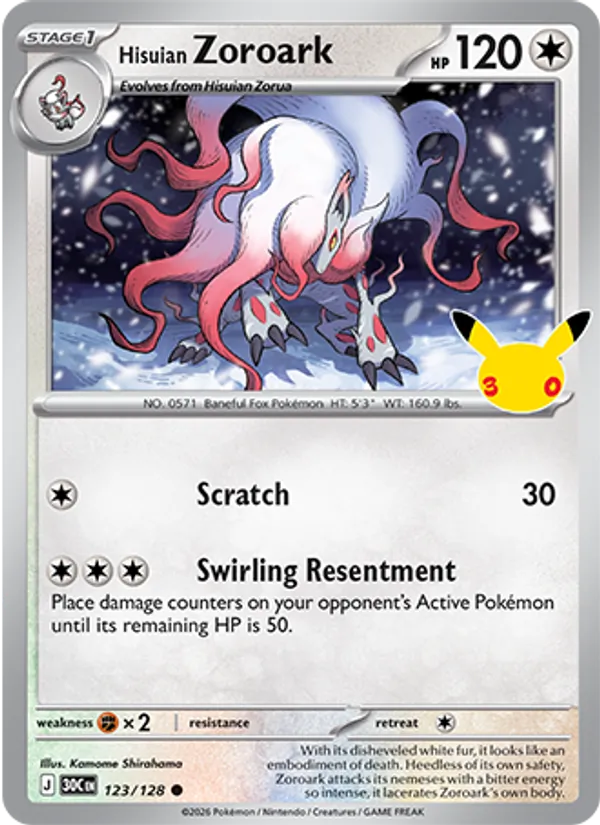 Losse Pokémonkaart 123/128 - Hisuian Zoroark - 30th Celebration - [Common]