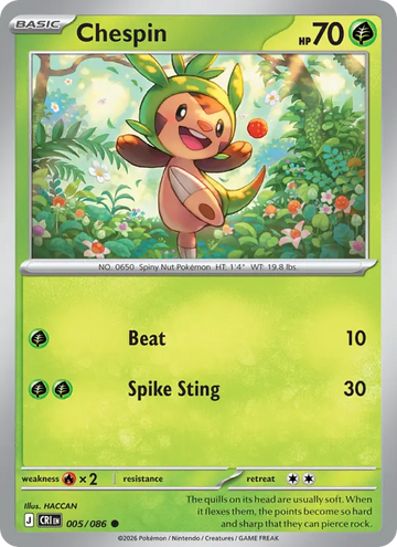 Losse Pokémonkaart 005/086 - Chespin - Chaos Rising - [Common]