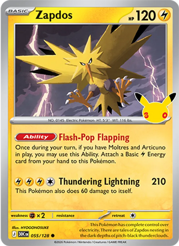 Losse Pokémonkaart 055/128 - Zapdos - 30th Celebration - [Common]