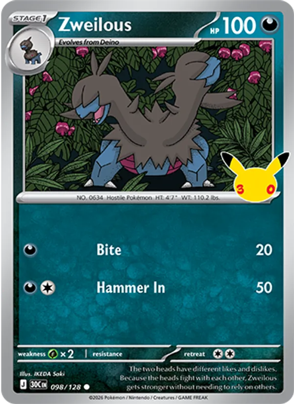 Losse Pokémonkaart 098/128 - Zweilous - 30th Celebration - [Common]