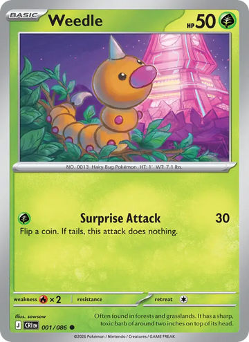Losse Pokémonkaart 001/086 - Weedle - Chaos Rising - [Common] - Reverse Holo