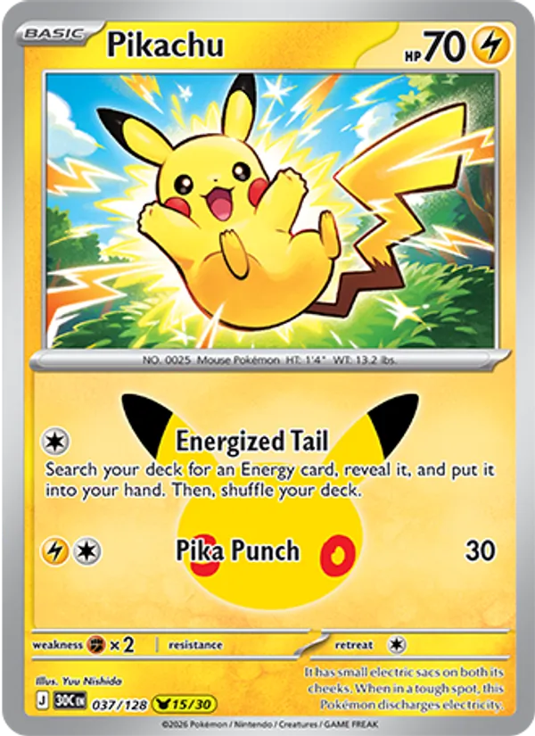 Losse Pokémonkaart 037/128 - Pikachu - 30th Celebration - [Pikachu Rare]
