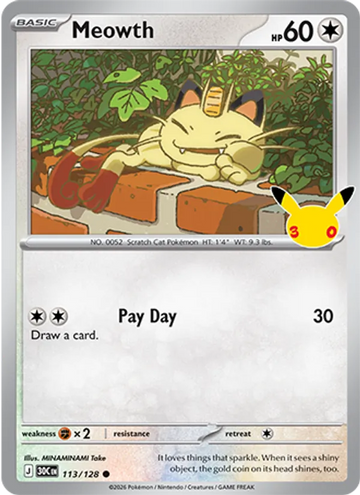 Losse Pokémonkaart 113/128 - Meowth - 30th Celebration - [Common]