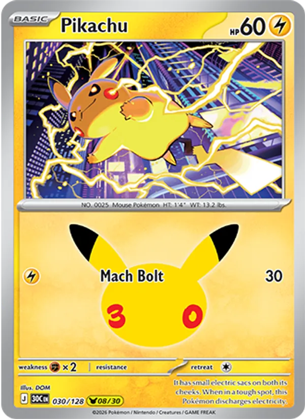 Losse Pokémonkaart 030/128 - Pikachu - 30th Celebration - [Pikachu Rare]