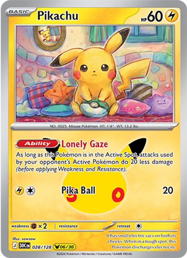 Losse Pokémonkaart 028/128 - Pikachu - 30th Celebration - [Pikachu Rare]
