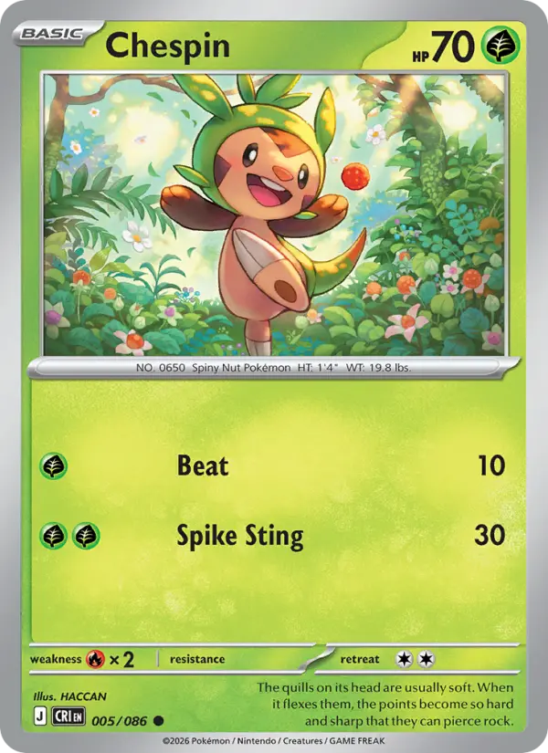 Losse Pokémonkaart 005/086 - Chespin - Chaos Rising - [Common] - Reverse Holo
