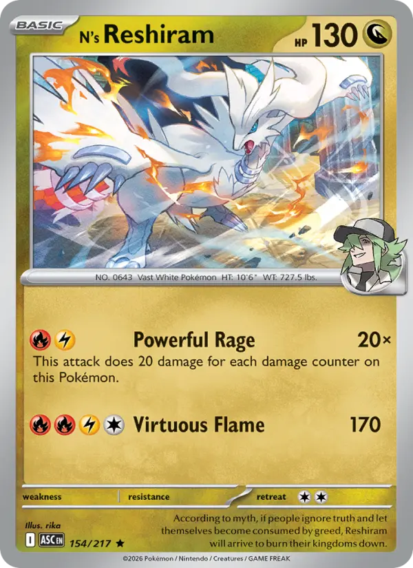 Losse Pokémonkaart 154/217 - N's Reshiram - Ascended Heroes - [Rare] - Pokeball Reverse Holo