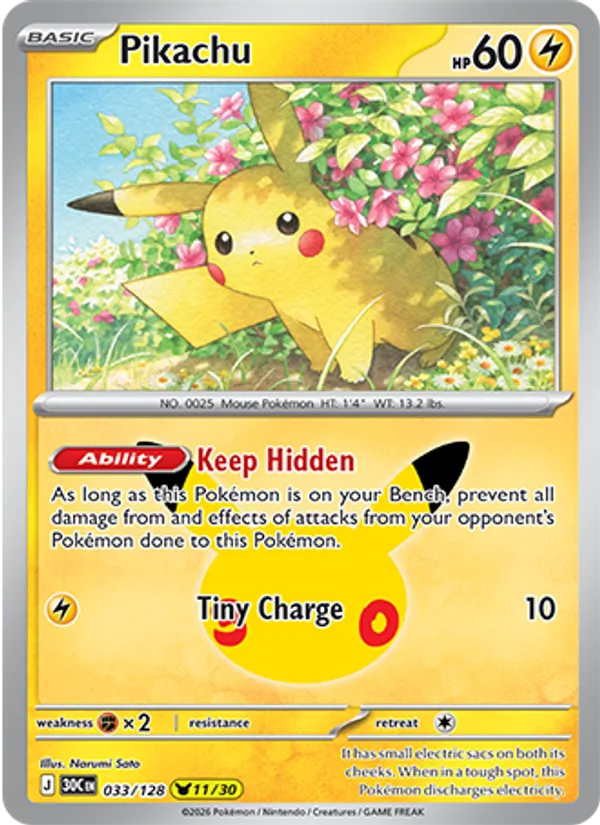 Losse Pokémonkaart 033/128 - Pikachu - 30th Celebration - [Pikachu Rare]