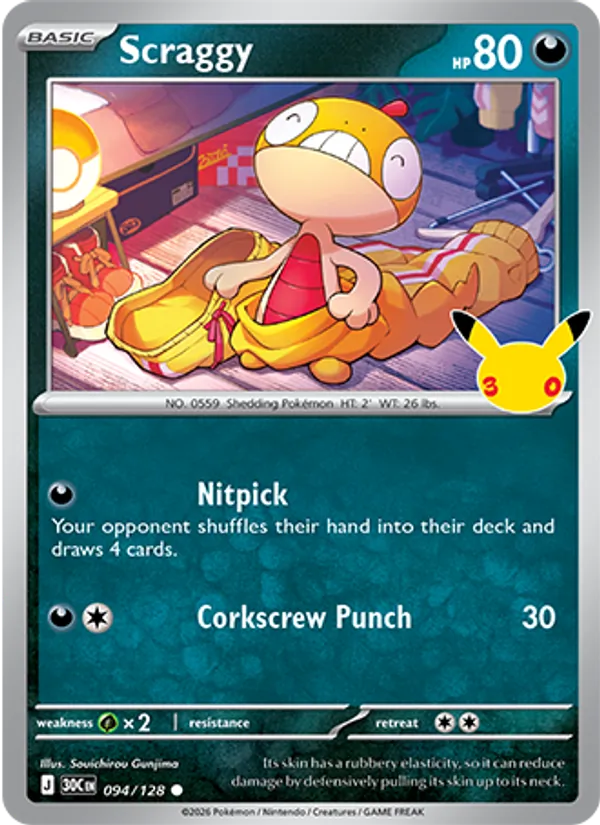 Losse Pokémonkaart 094/128 - Scraggy - 30th Celebration - [Common]