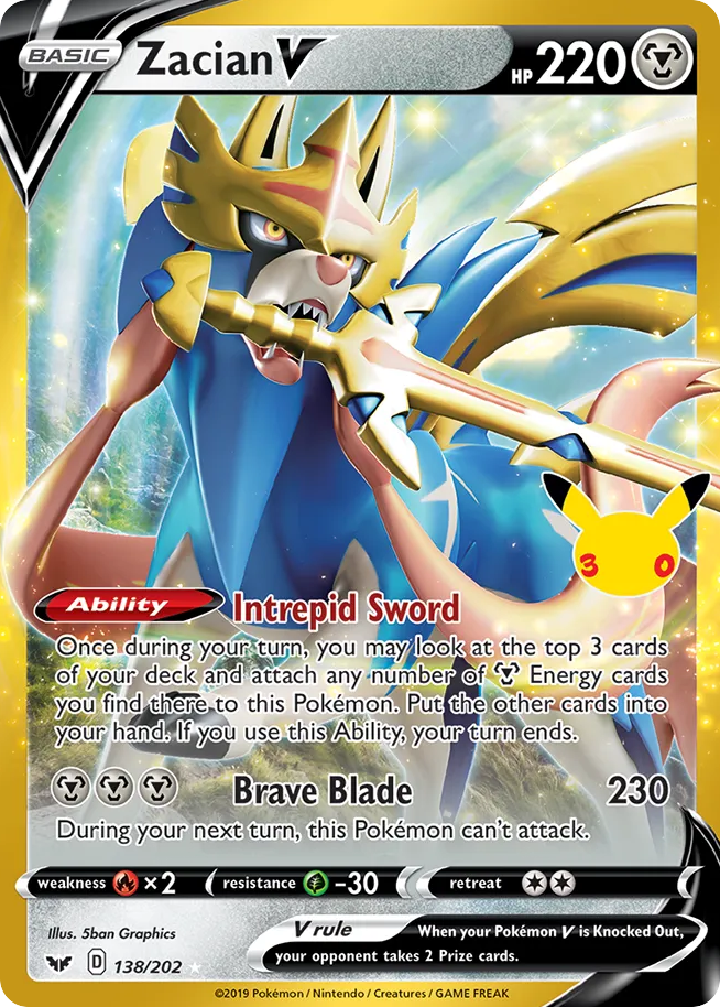 Losse Pokémonkaart 138/202 - Zacian V - 30th Celebration: Classic Collection - [Classic Collection]