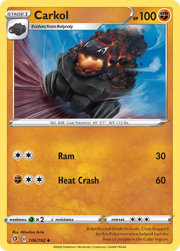 Pokémonkaart 106/192 - Carkol - Rebel Clash - [Uncommon]