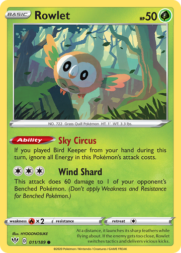 Pokémonkaart 011/189 - Rowlet - Darkness Ablaze - [Common]