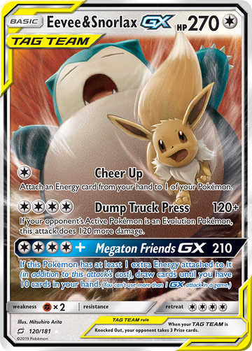 Pokémonkaart 120/181 - Eevee & Snorlax-GX - Team Up - [Rare Holo GX]
