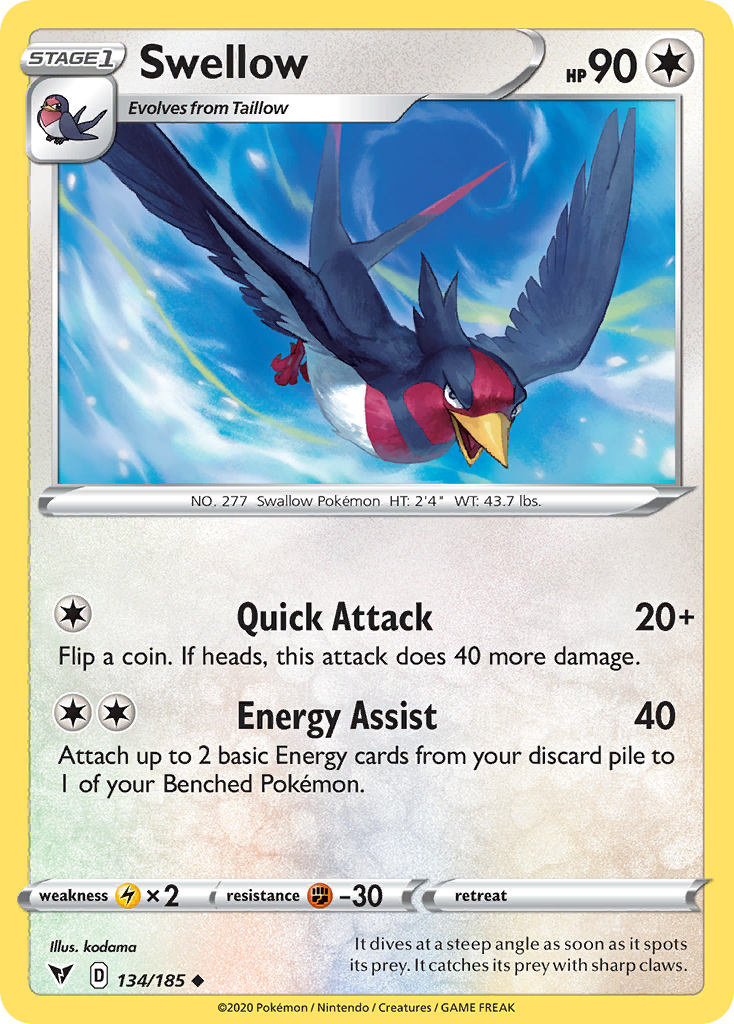 Pokémonkaart 134/185 - Swellow - Vivid Voltage - [Uncommon]