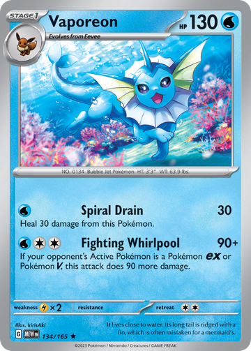 134/165 - Vaporeon - [Rare] - Reverse Holo