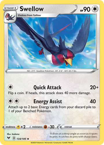 Pokémonkaart 134/185 - Swellow - Vivid Voltage - [Uncommon]