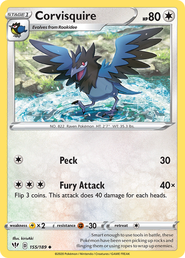 Pokémonkaart 155/189 - Corvisquire - Darkness Ablaze - [Uncommon]