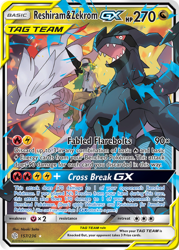 Pokémonkaart 157/236 - Reshiram & Zekrom-GX - Cosmic Eclipse - [Rare Holo GX]