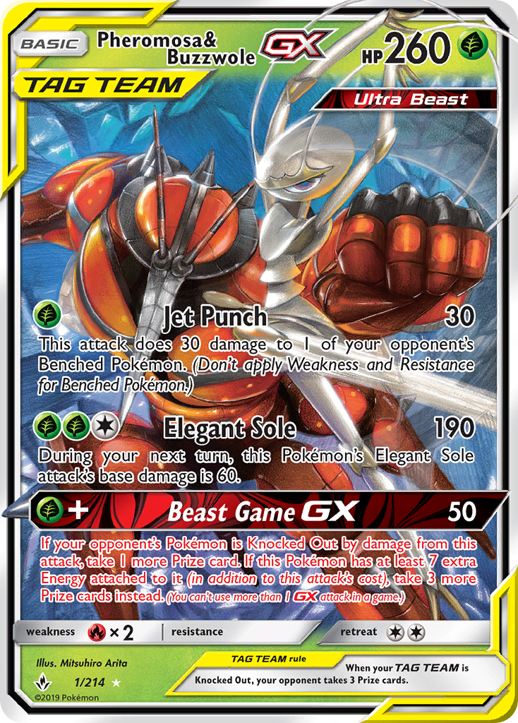 Pokémonkaart 001/214 - Pheromosa & Buzzwole-GX - Unbroken Bonds - [Rare Holo GX]