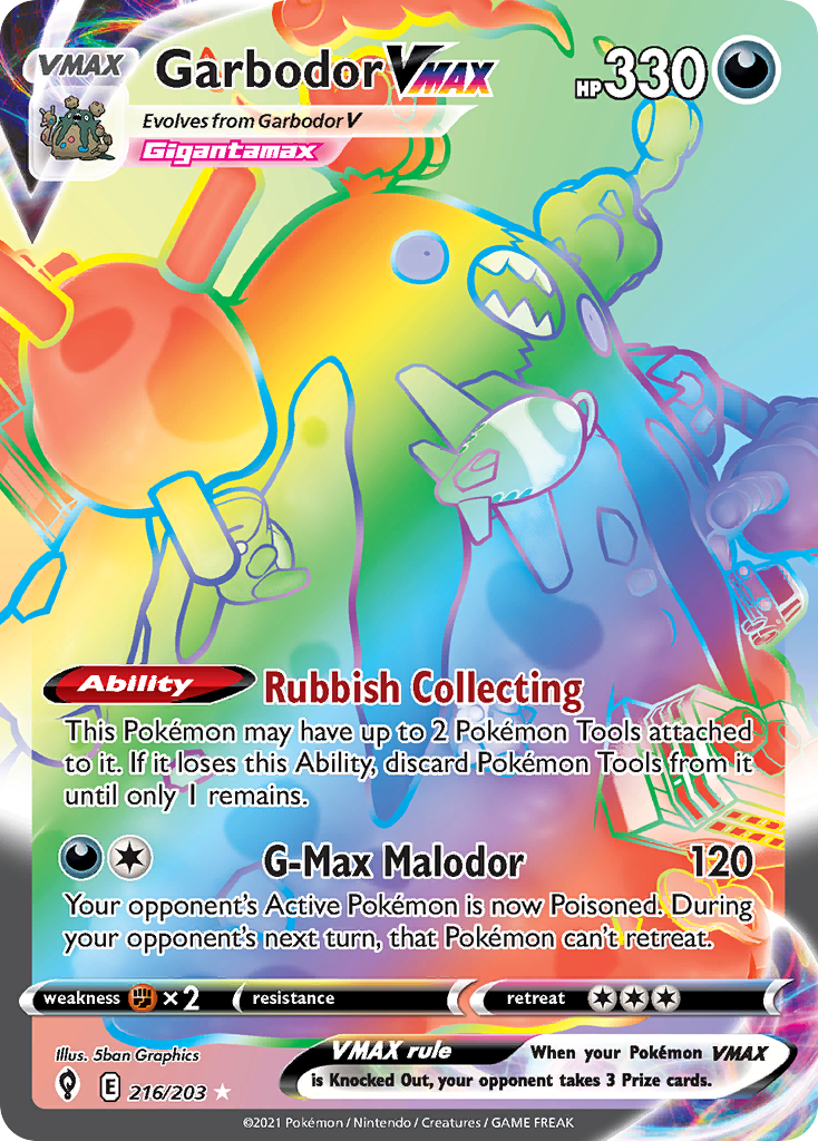 Pokémonkaart 216/203 - Garbodor VMAX - Evolving Skies - [Rare Rainbow]