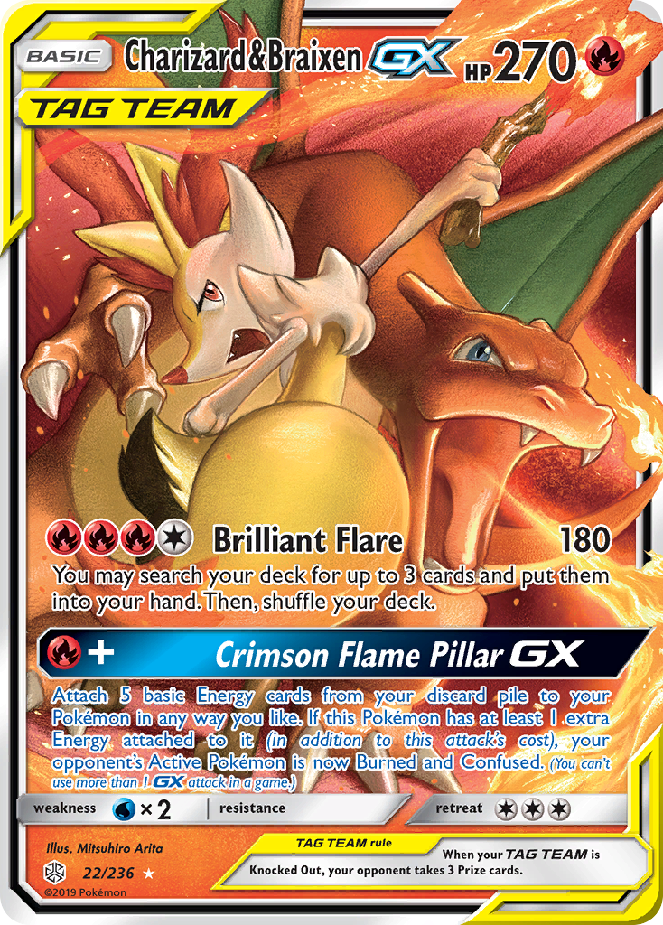 Pokémonkaart 022/236 - Charizard & Braixen-GX - Cosmic Eclipse - [Rare Holo GX]