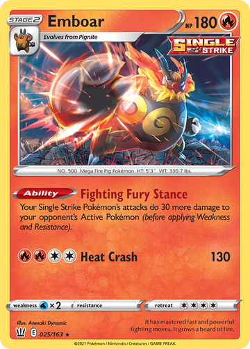 Pokémonkaart 025/163 - Emboar - Battle Styles - [Rare Holo]