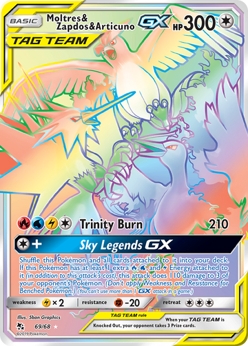 Pokémonkaart 069/068 - Moltres & Zapdos & Articuno-GX - Hidden Fates - [Rare Rainbow]