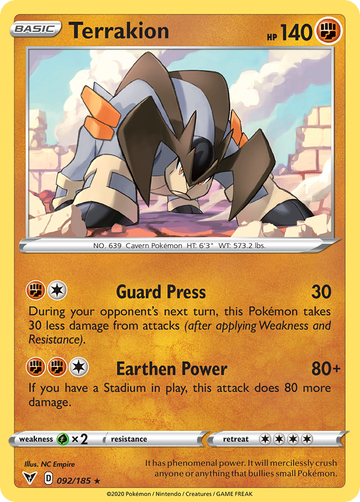 Pokémonkaart 092/185 - Terrakion - Vivid Voltage - [Rare]