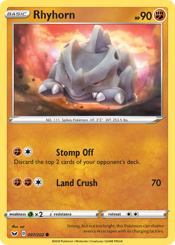 Pokémonkaart 097/202 - Rhyhorn - Sword & Shield - [Common]
